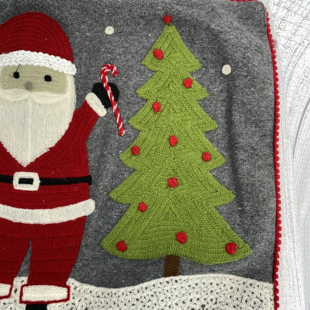 Rachel Zoe Table Runner Christmas Penguins Santa Embroidered Charcoal Gray Wool